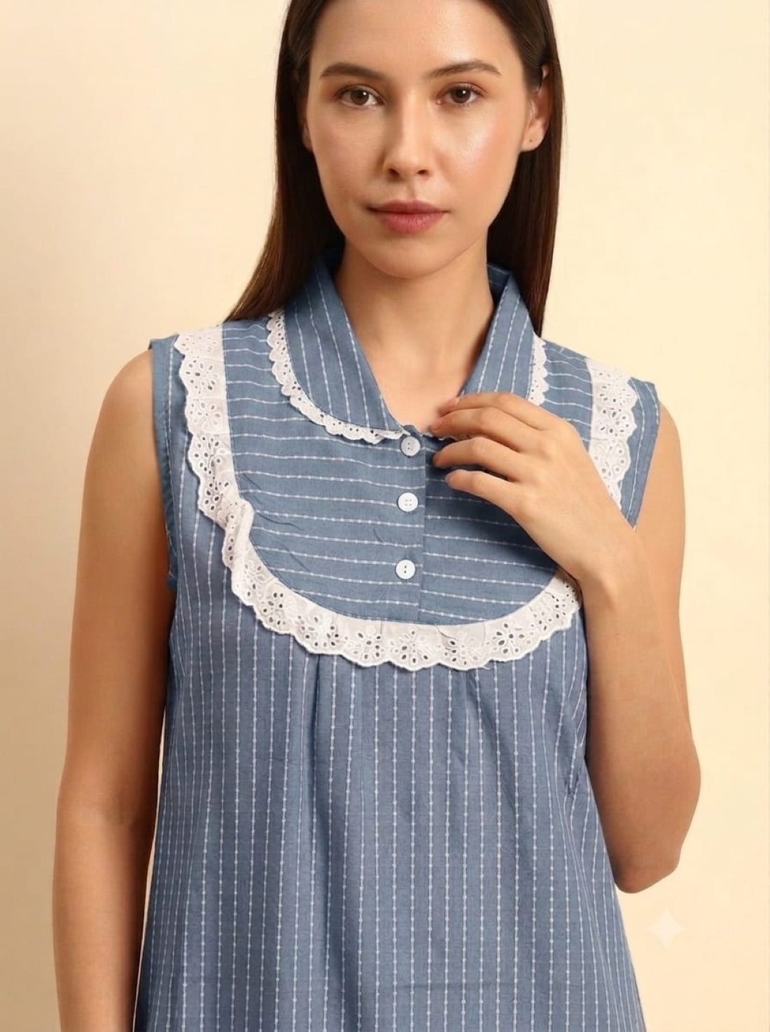 Sephani Women's Blue Striped Cotton Nightgown with Peter Pan Collar & Lace Trim | Sleeveless Maxi Nightdress