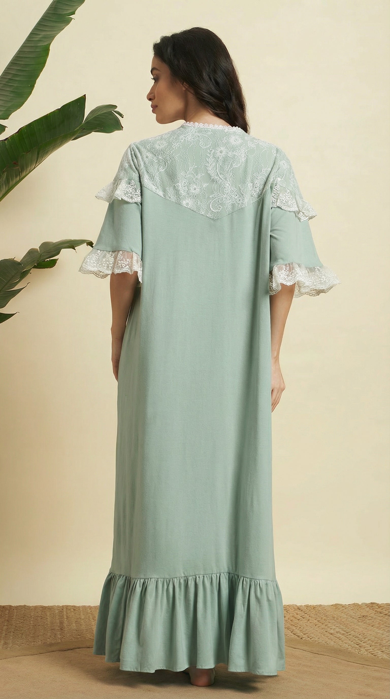 💚 Mint Green Solid Night Gown with Lace Detail – Elegant & Comfortable Nightwear