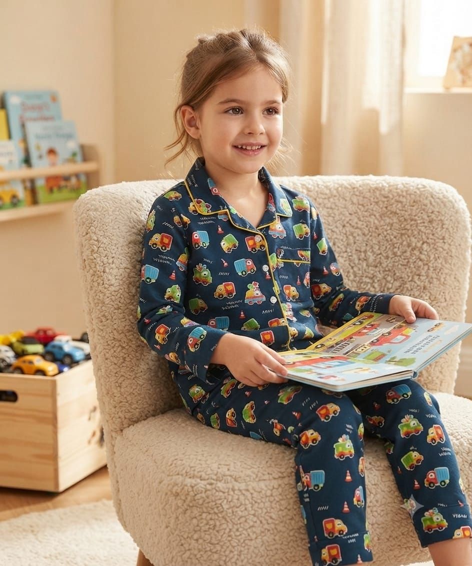 A young girl with light brown hair sits smiling in a cream-colored plush armchair, wearing a navy blue long-sleeve pajama set with a colorful cartoon train pattern. She is holding an open children's book in a brightly lit room with toys in the background.