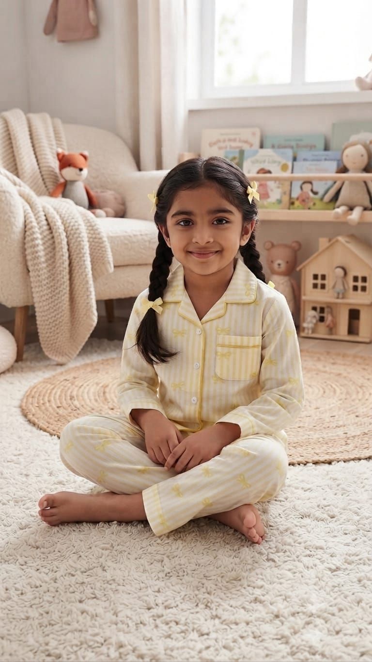 Sephani Girls Butter Yellow Bow Print Cotton Night Suit Set | Full Sleeve Shirt & Pyjama | Kids Sleepwear