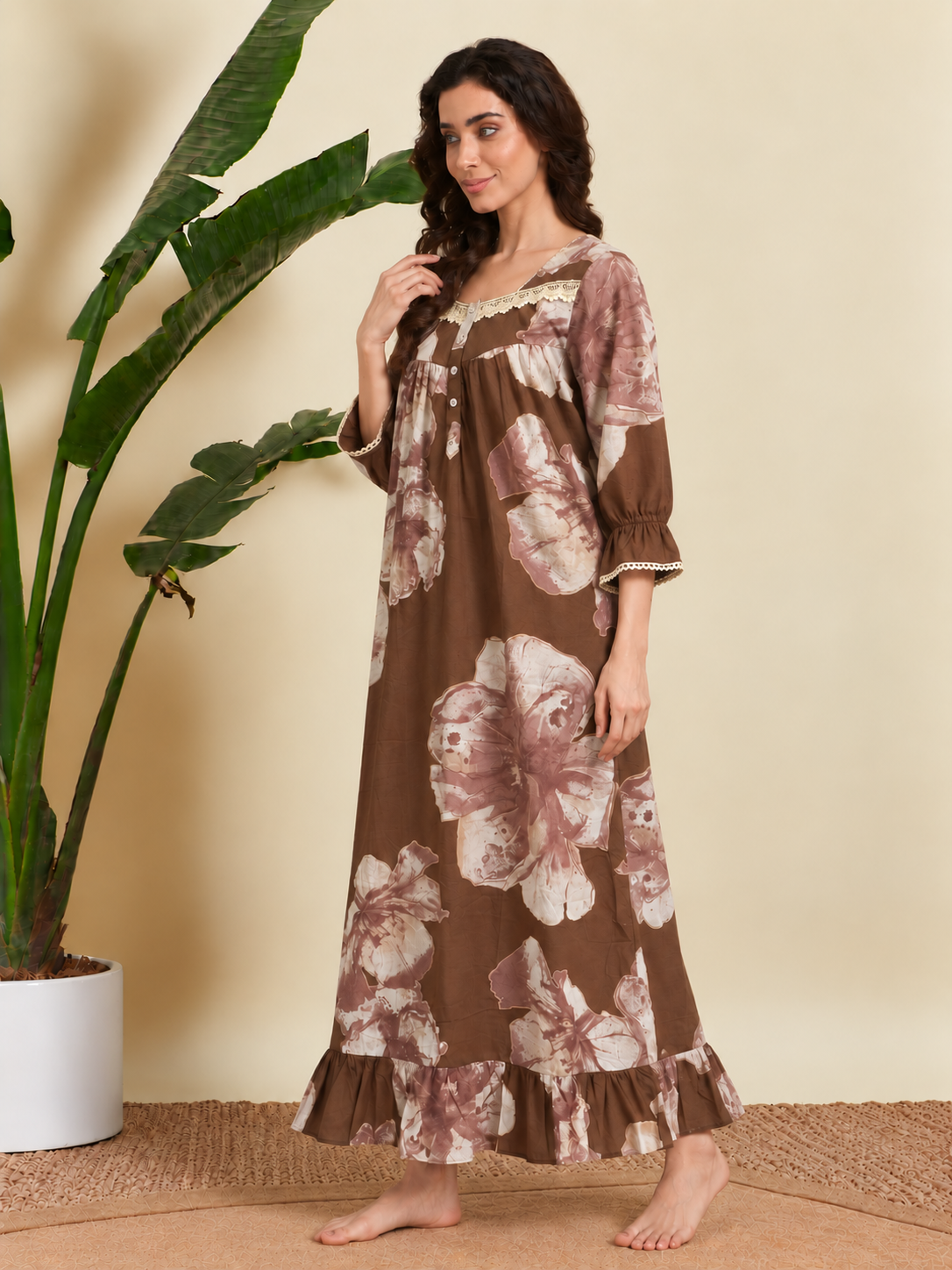 Sephani women’s elegant brown floral cotton nightdress for sleep and lounging