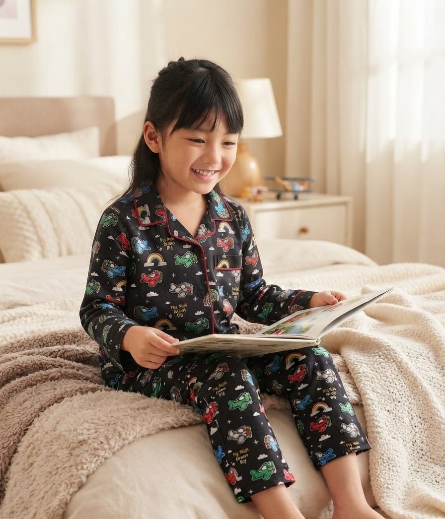 A young girl with dark hair sits on a bed reading a book, wearing a black long-sleeve pajama set with a colorful cartoon pattern of vehicles, rainbows, and clouds. The bedroom has warm beige and cream tones with soft natural light coming from the side.