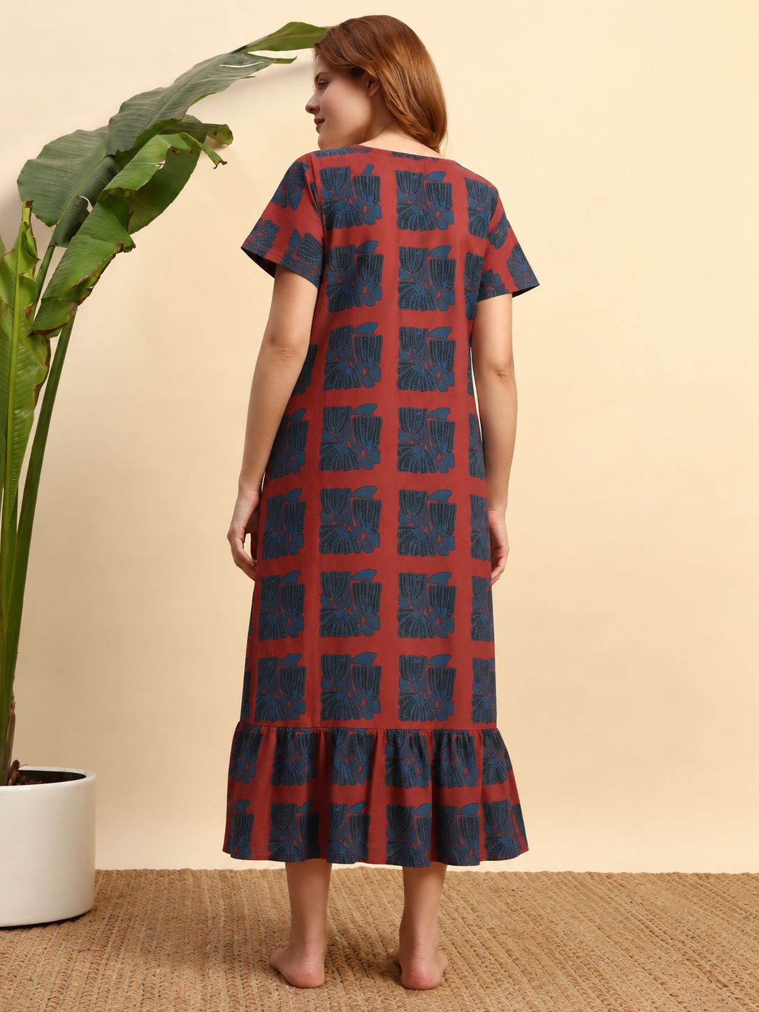 Red and navy printed maternity nighty with ruffle hem