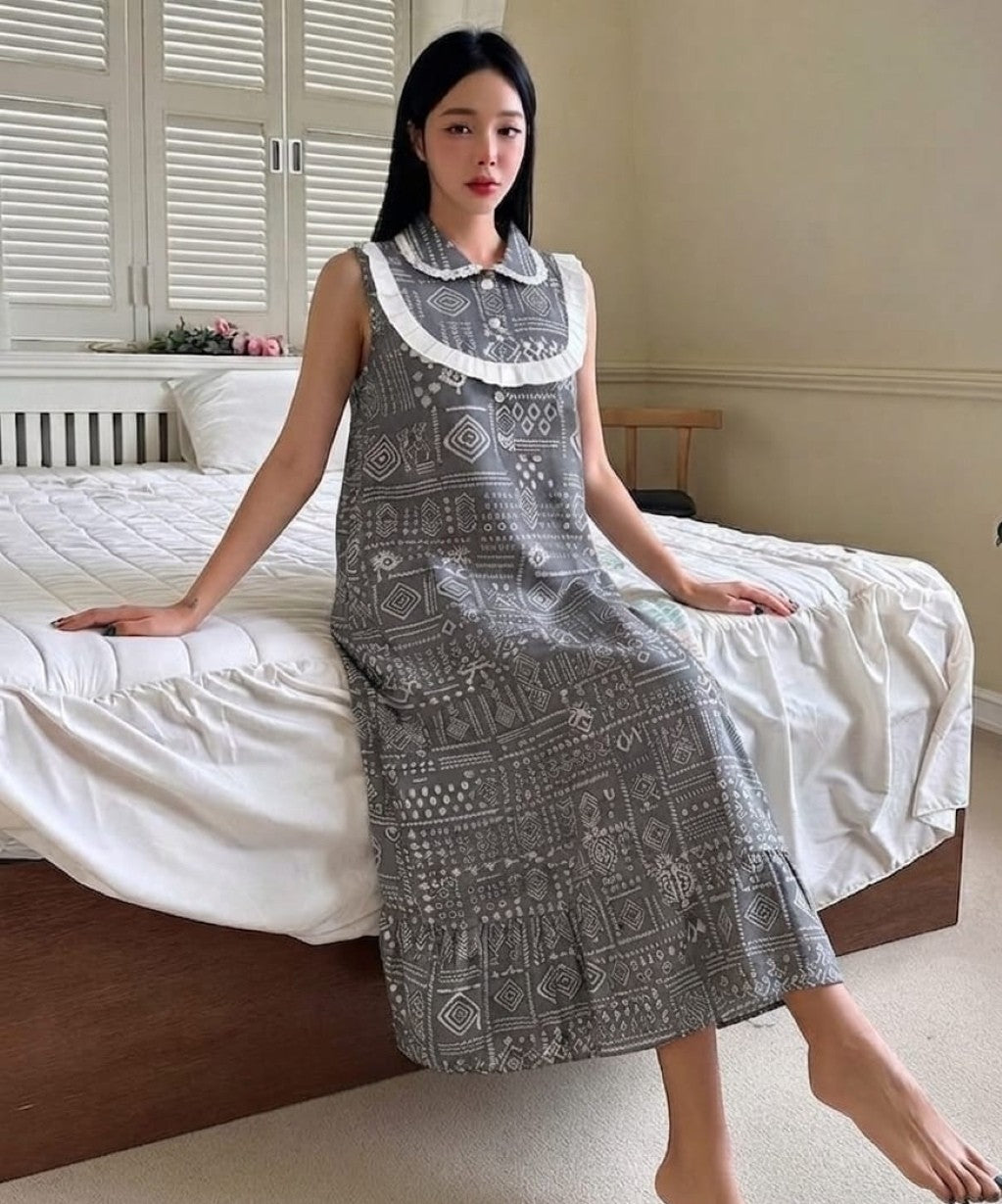 Sephani Pure Cotton Sleeveless Grey Printed Nighty for Women with Frill Hem | Soft & Breathable Night Gown