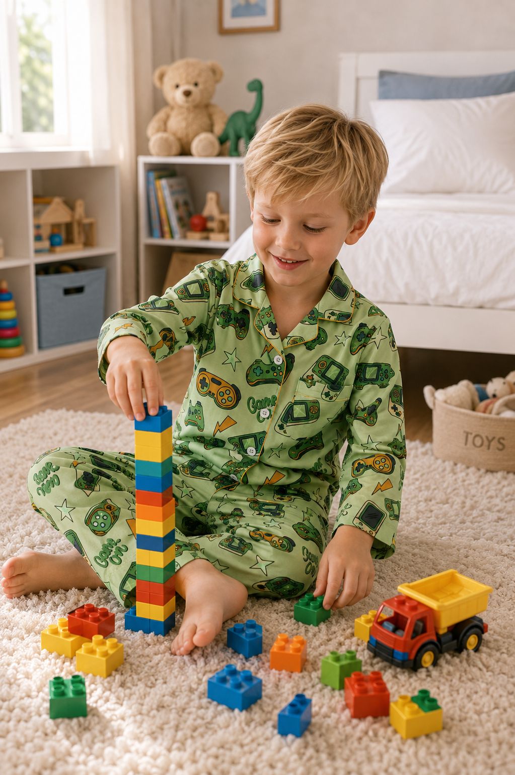 Sephani Boys Light Green Gaming Print Cotton Night Suit Set | Full Sleeve Button-Down Pajama Set