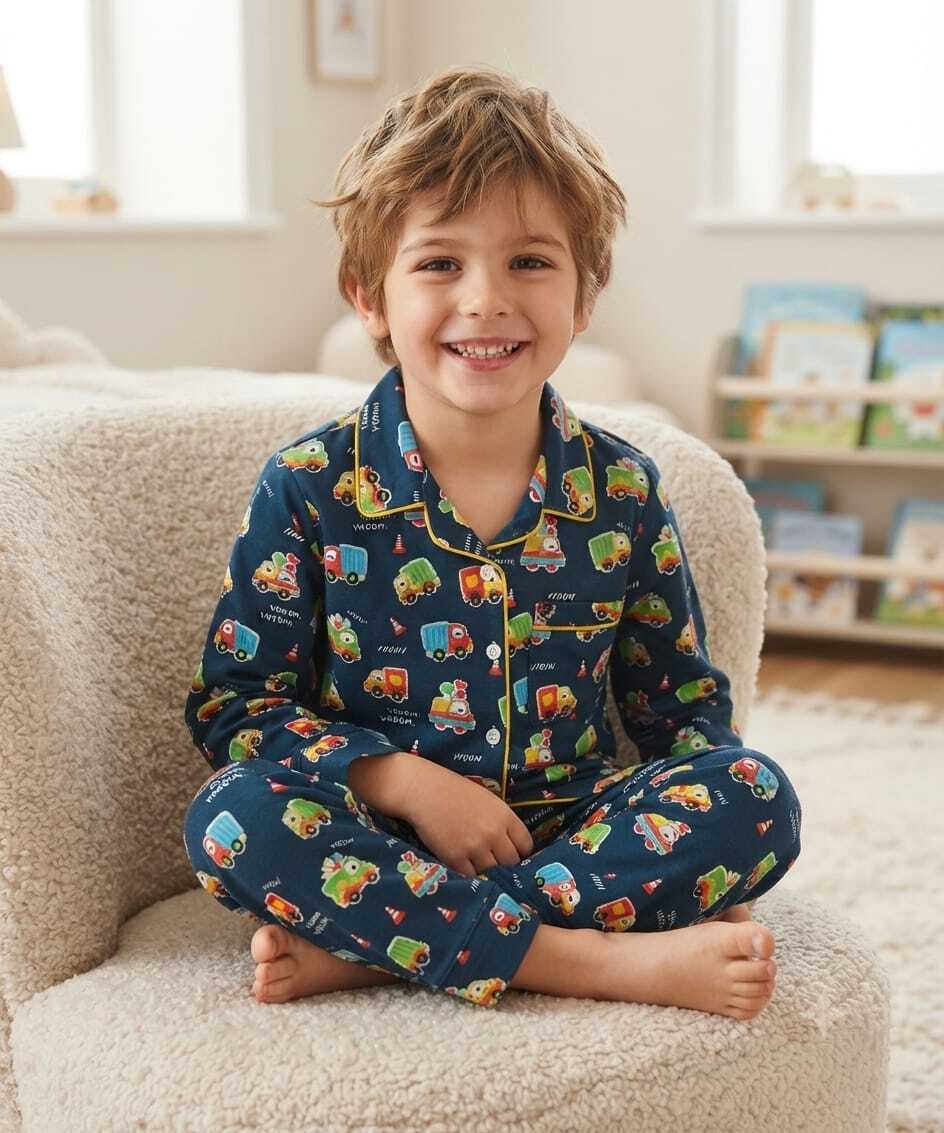 A young boy smiling while sitting cross-legged on a cream-colored armchair, wearing a navy blue pajama set with a colorful cartoon train pattern and yellow piping.