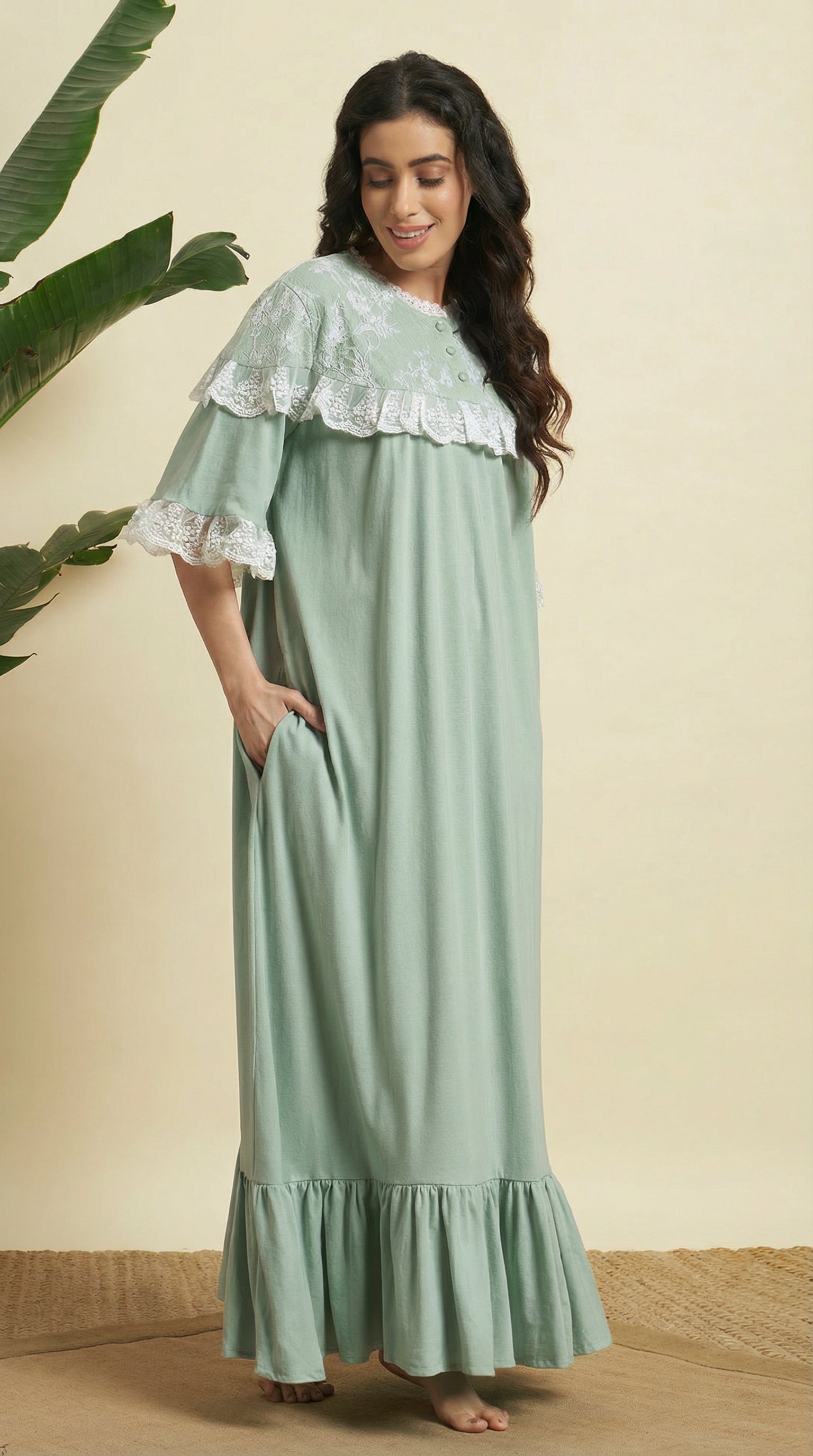💚 Mint Green Solid Night Gown with Lace Detail – Elegant & Comfortable Nightwear