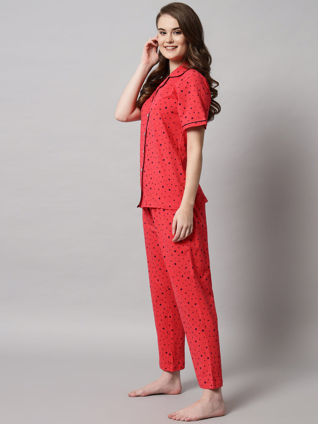 Red Printed Cotton Night Suit Set – Button-Down Top & Pajama Sleepwear