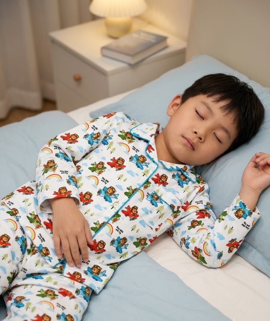 A young boy sleeping soundly on a bed, wearing a white long-sleeve pajama set with a colorful cartoon monkey print, rainbow motifs, and clouds.