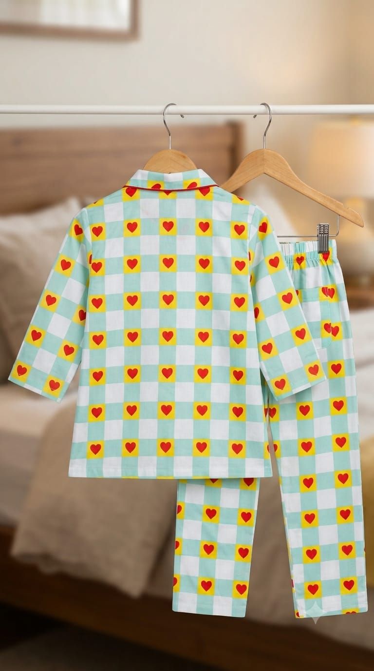 A two-piece children's pajama set hanging on wooden hangers from a white clothing rack. The set features a light mint green and white gingham checkered pattern with small red hearts outlined in yellow in the center of each square.