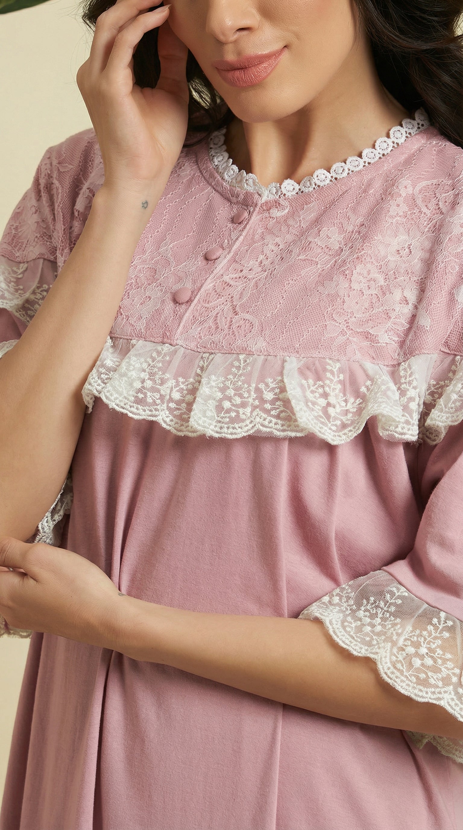 🌸 Dusty Rose Lace Detail Night Gown – Soft, Elegant & Comfortable