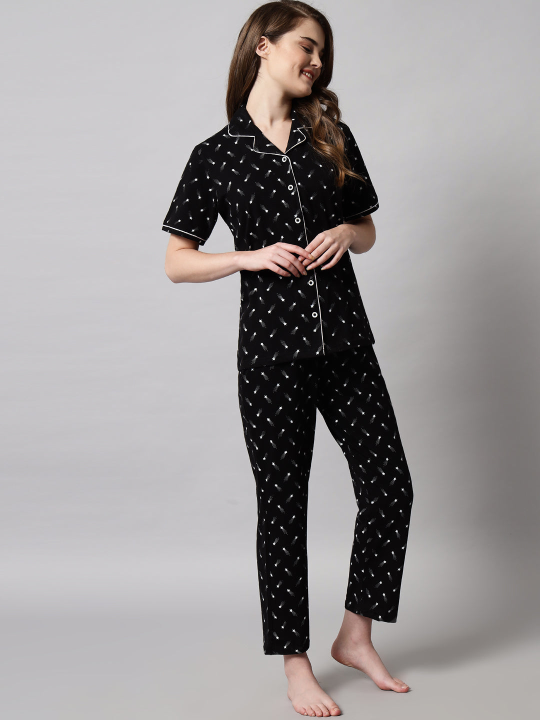 Printed Cotton Night Suit Set – Button-Down Top & Pajama Sleepwear