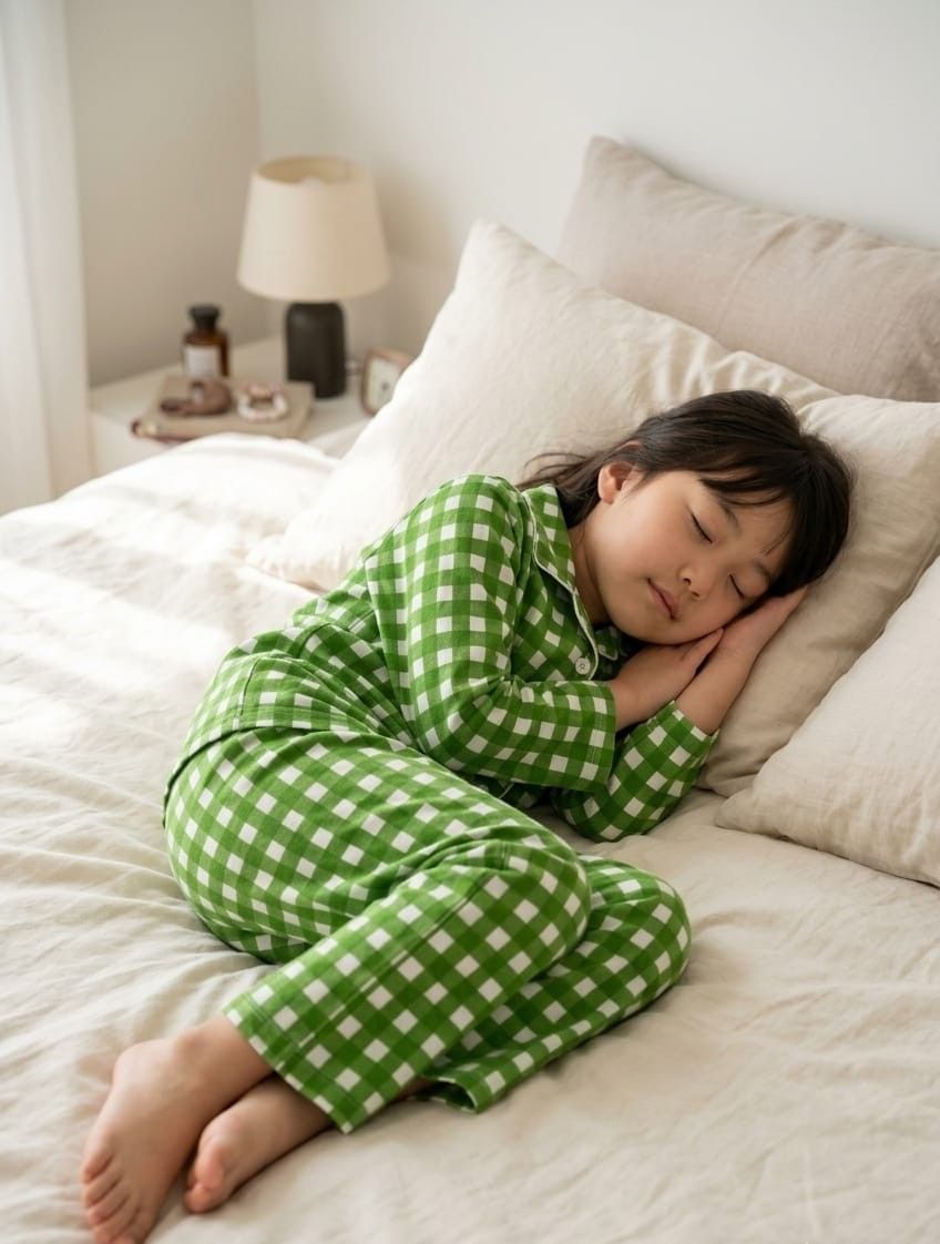 A child sleeping soundly on a bed wearing green and white checkered pajamas, with beige pillows and a softly lit bedside lamp in the background.