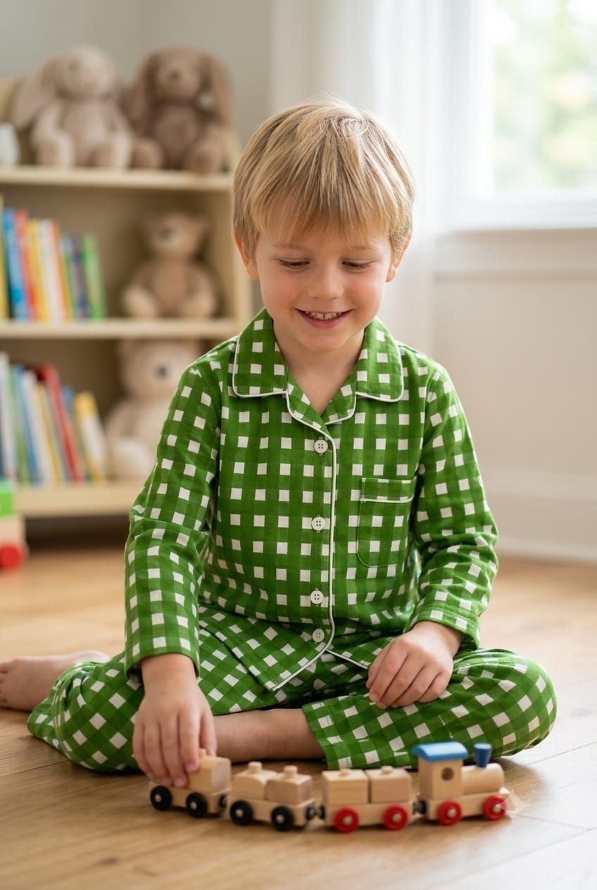 A young boy with blonde hair sits cross-legged on a wooden floor in a brightly lit room, wearing a green and white checkered long-sleeve pajama set. He is smiling and looking down at a small wooden toy train he is playing with.