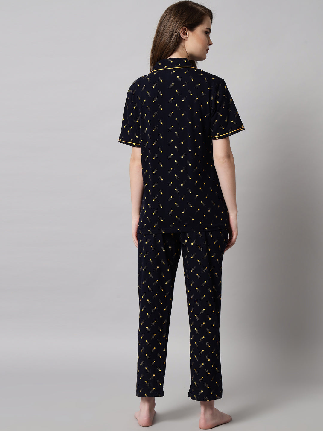 Black Printed Cotton Night Suit Set – Button-Down Top & Pajama Sleepwear