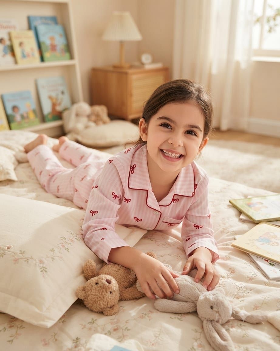 A young girl smiling while lying on a bed in a cozy bedroom, wearing pink pajamas with a subtle white stripe pattern and small red bow details. She is surrounded by plush toys, pillows, and children's books.