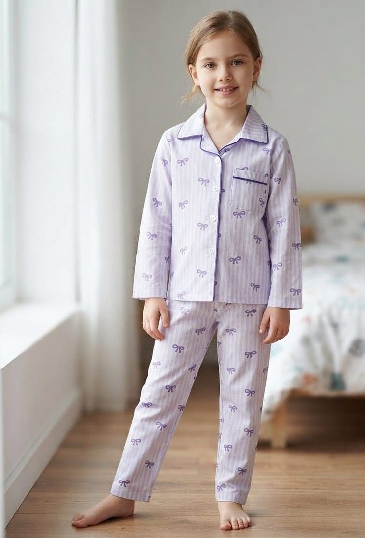 A young girl stands barefoot in a brightly lit bedroom wearing a matching pajama set with a light lavender and white vertical stripe pattern and small purple bow motifs.