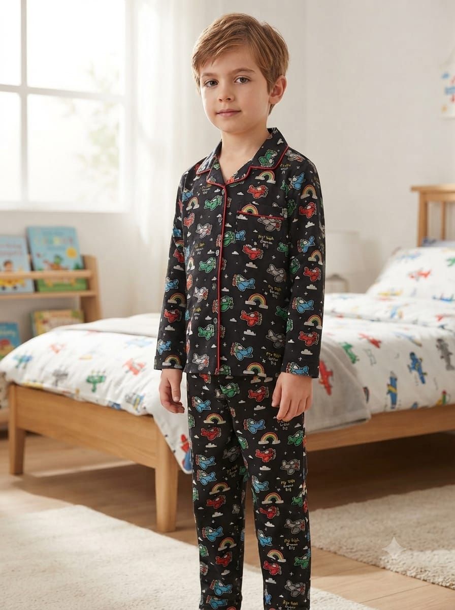 A young boy wearing a black long-sleeve pajama set with a colorful cartoon car and rainbow print, standing in a bright children's bedroom.