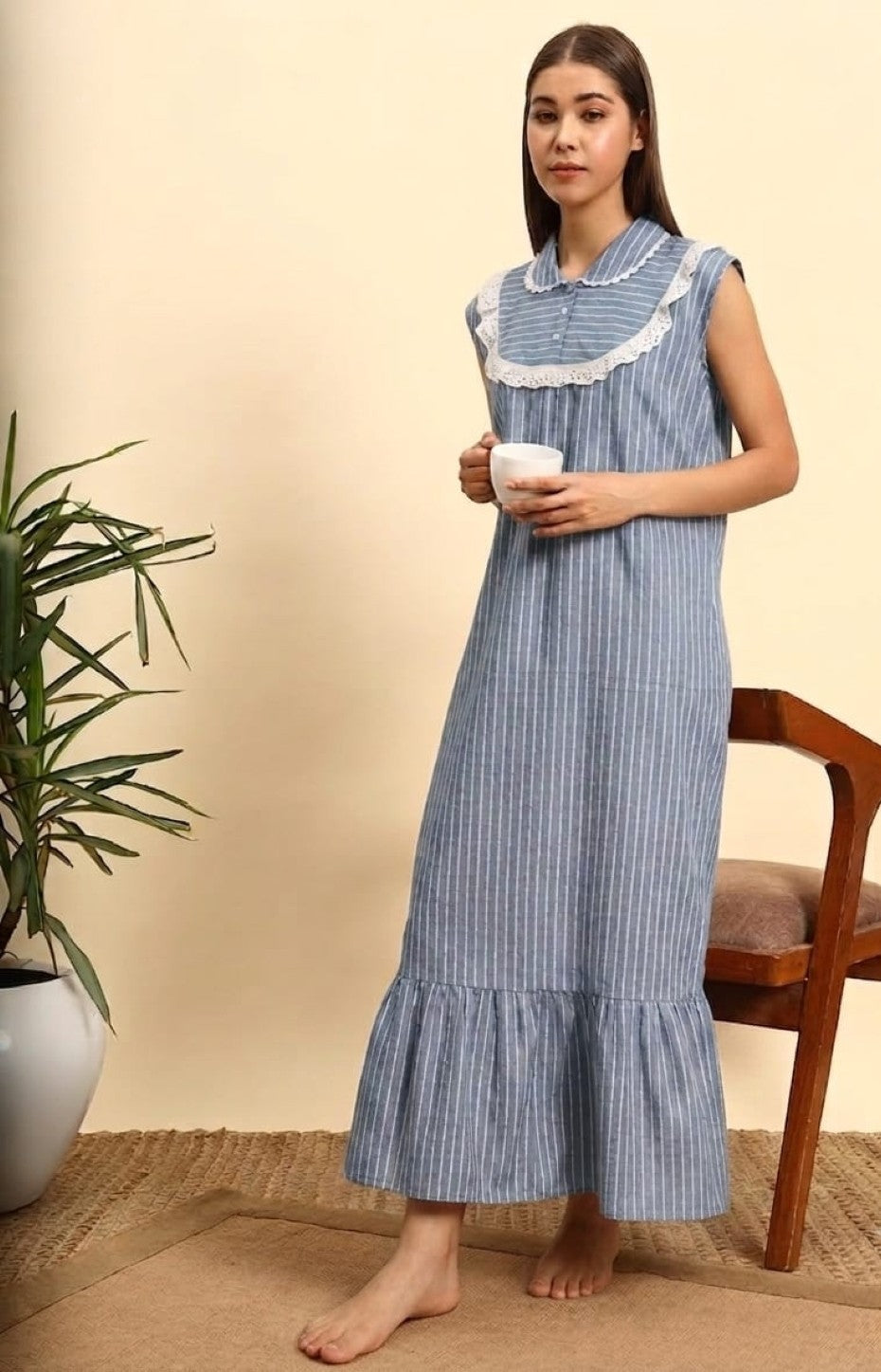 Sephani Women's Blue Striped Cotton Nightgown with Peter Pan Collar & Lace Trim | Sleeveless Maxi Nightdress