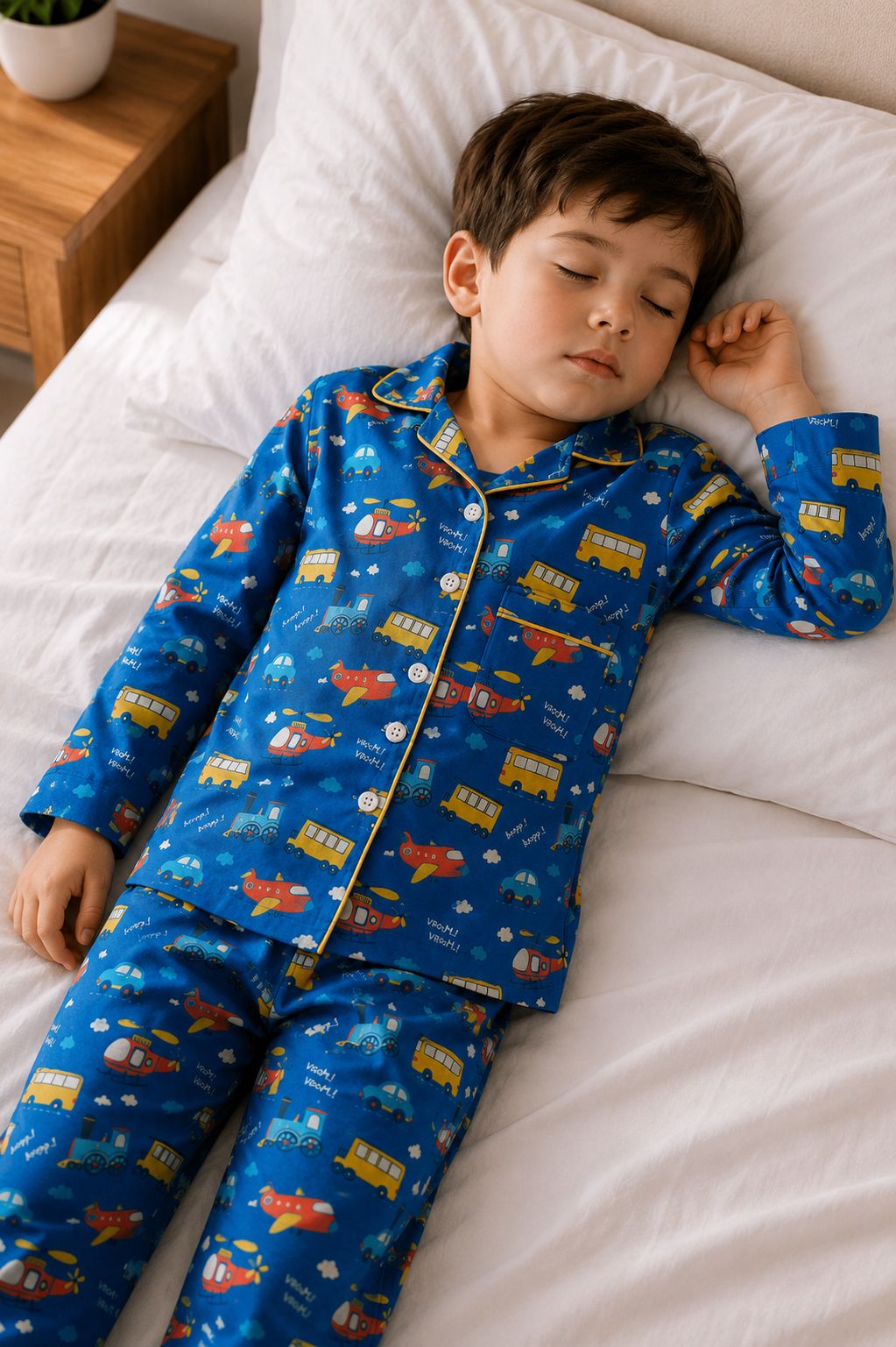 Sephani Kids Blue Vehicle Print Cotton Night Suit Set | Full Sleeve Button-Down Pajama Set for Boys