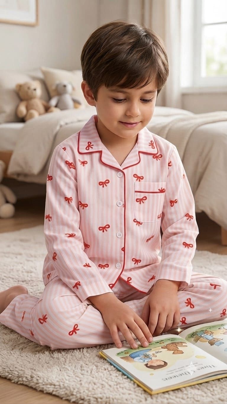 A young boy wearing pink and white striped pajamas with red bow patterns sits on a white rug in a bedroom, reading a children's book.