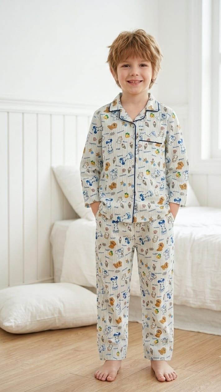A young boy stands barefoot in a bright bedroom wearing a matching long-sleeve pajama set with an all-over cartoon animal print. The pajamas are off-white with blue piping and multicolored characters including blue, yellow, and orange.