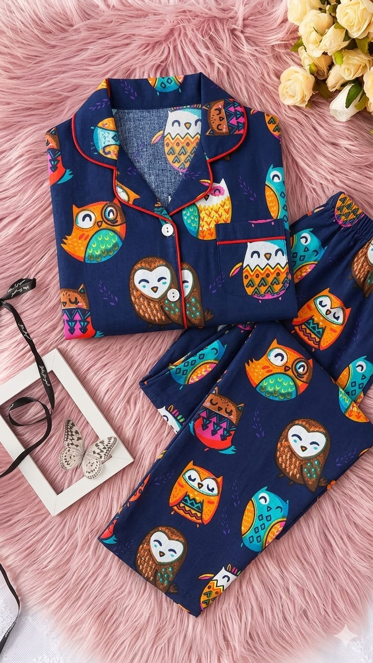 🦉💖Kids Printed Night Suit Set GIRL Cotton Nightwear Soft & Comfortable Sleepwear