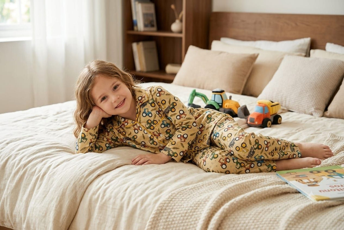 A young girl with light brown hair lies on a bed wearing a beige pajama set with a colorful toy pattern. The scene is set in a cozy, softly lit bedroom with a wooden headboard, beige pillows, and small toy vehicles on the bed.