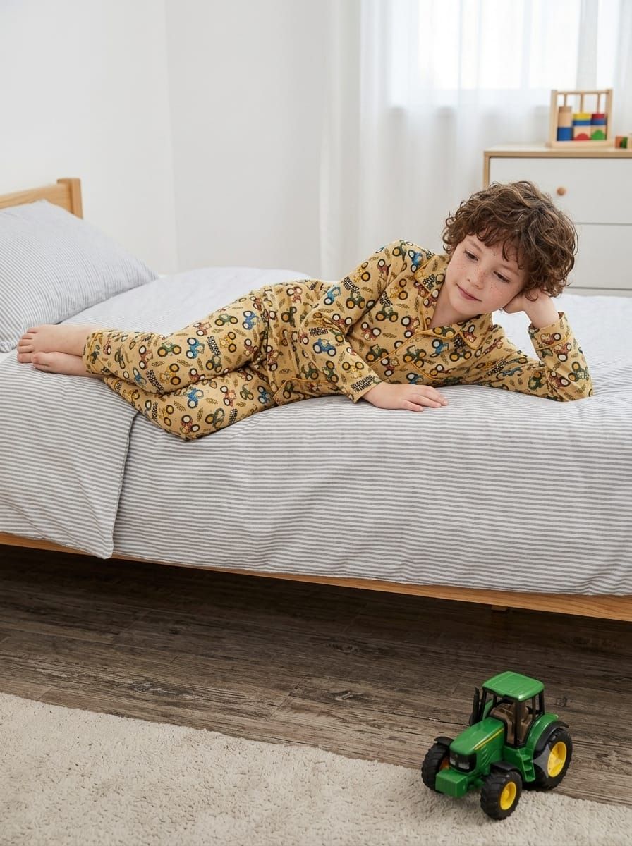 A child wearing a yellow and blue tractor-print pajama set lies on a bed with gray striped bedding in a bright bedroom. A green toy tractor sits on the floor nearby.