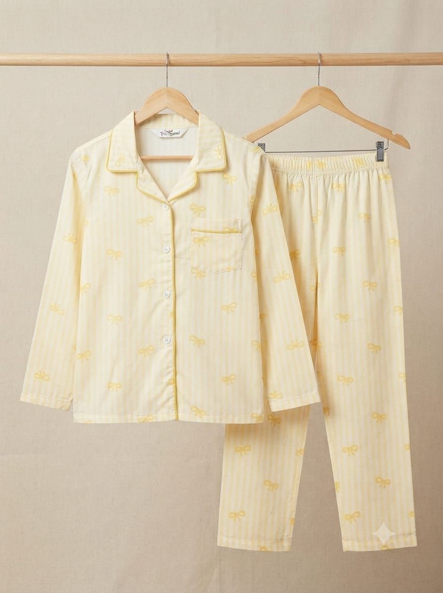 A two-piece pajama set hanging on wooden hangers against a neutral beige background. The set includes a long-sleeve button-front pajama top and matching pants, both in a pale cream color with thin vertical yellow stripes and a small yellow bow pattern.