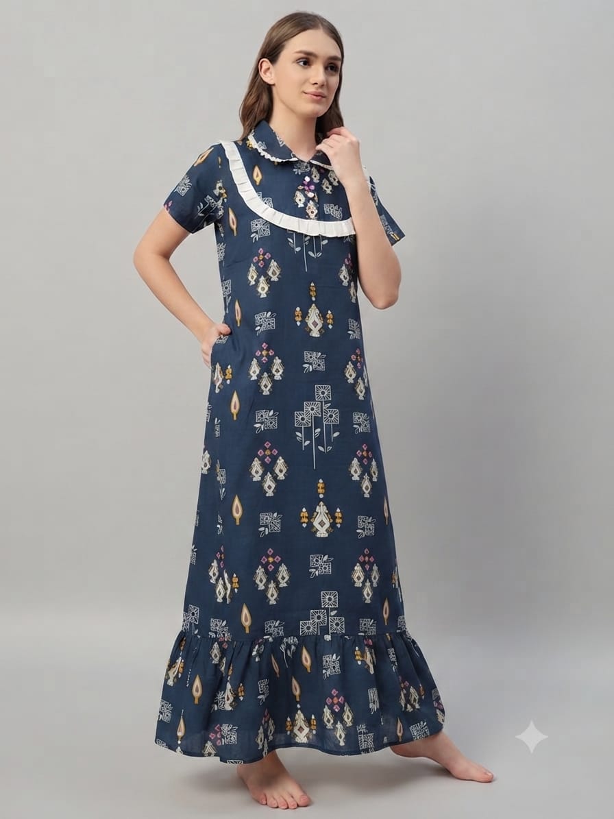 Elegant Navy blue abstract Cotton Nightdress with Frill Yoke – Soft & Breathable Sleepwear