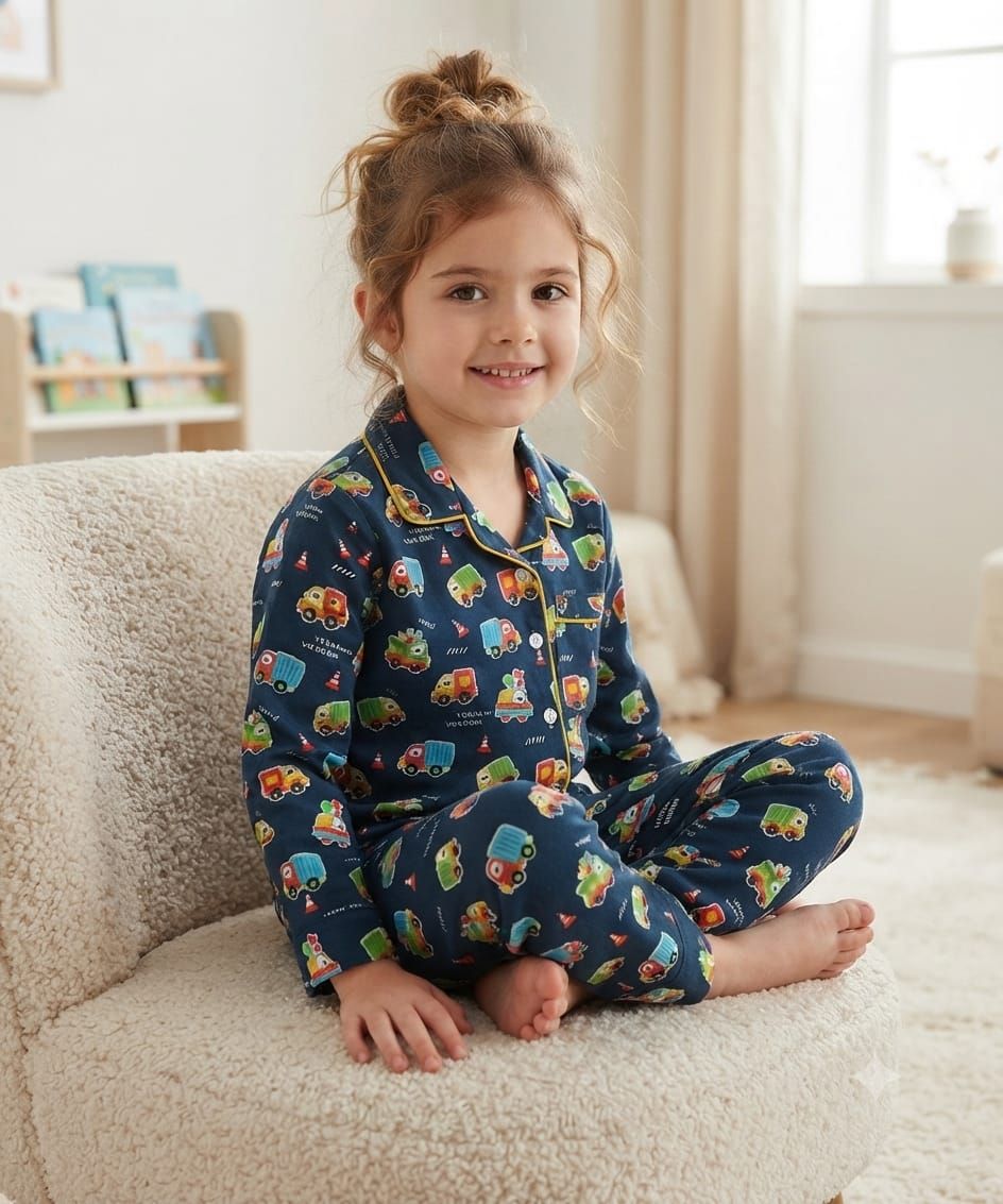 A young girl with her hair in a bun sits on a cream-colored plush armchair in a brightly lit room, wearing a navy blue pajama set with a colorful cartoon pattern of cars, buses, and trains.