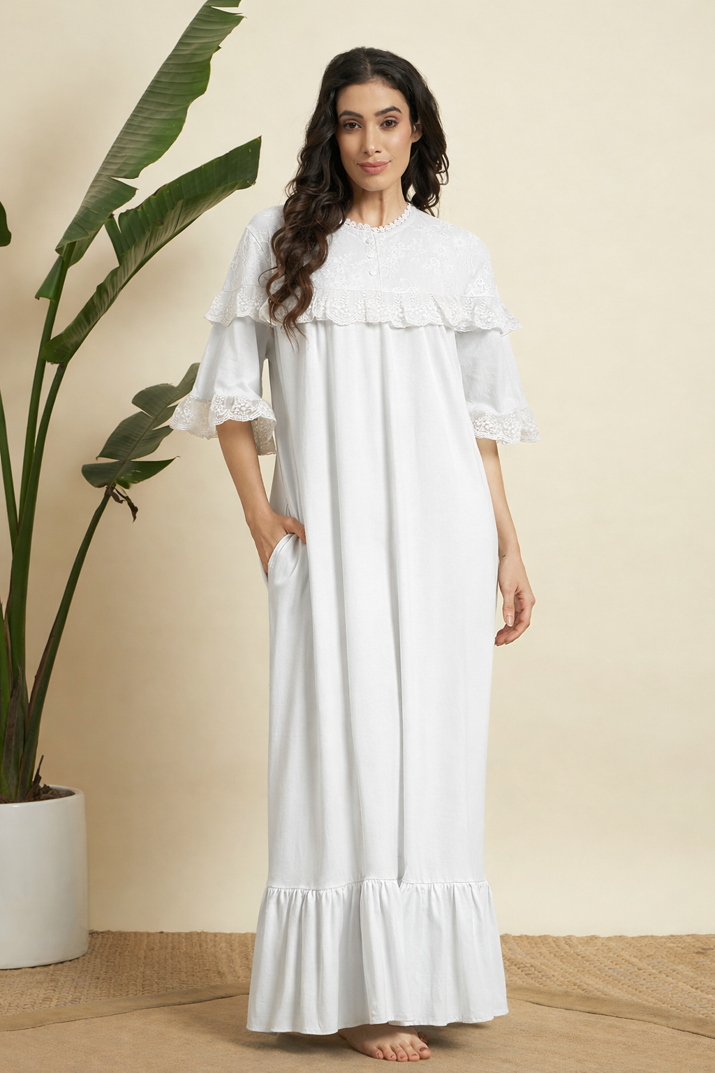 Classic White Lace Yoke Cotton Nighty – Elegant Full-Length Comfort Wear