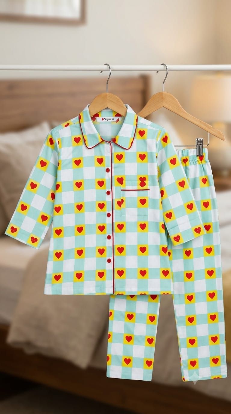 Sephani Multicolor Checkered Heart Print Nightsuit Set for Girls | Full Sleeve Kids Pajama Set