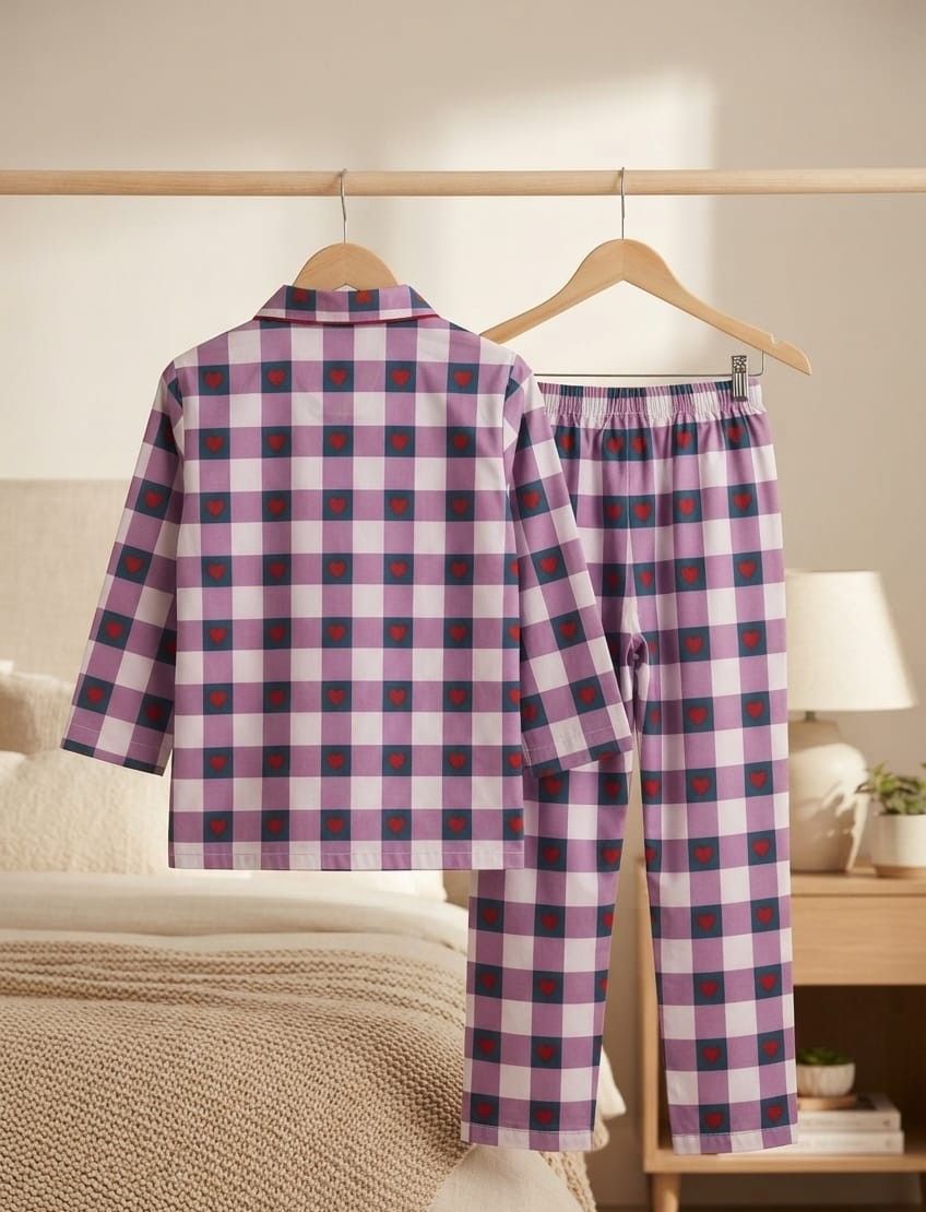 A two-piece pajama set hanging on wooden hangers from a clothing rack, featuring a purple, pink, and navy blue gingham check pattern. The set includes a long-sleeve button-up shirt and matching pants, shown against a cozy bedroom background with a bed and lamp.