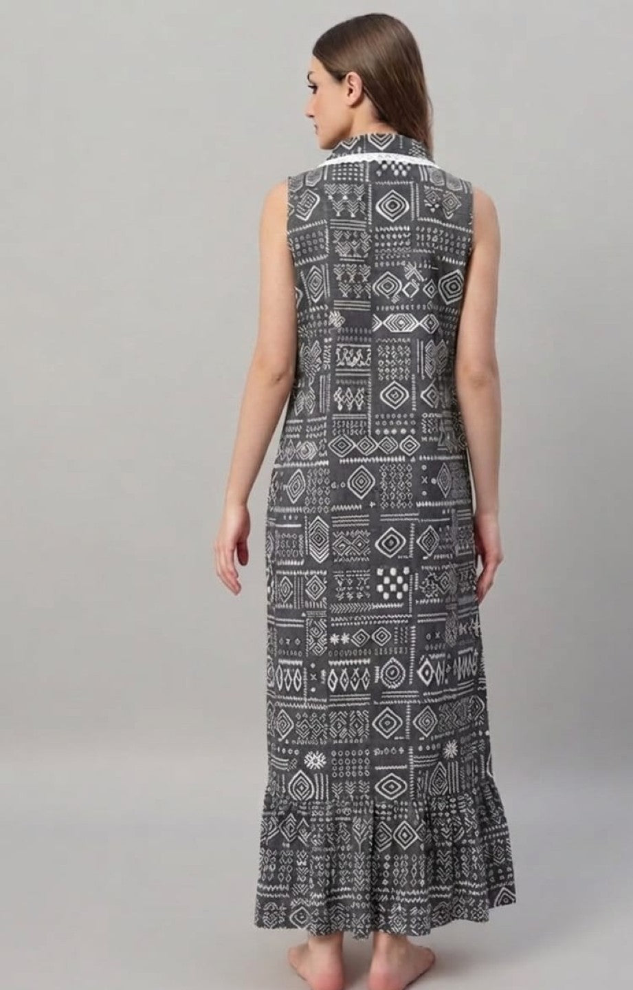 Sephani Pure Cotton Sleeveless Grey Printed Nighty for Women with Frill Hem | Soft & Breathable Night Gown