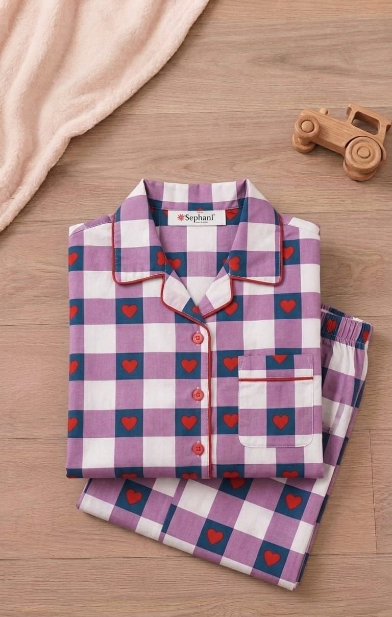 Sephani Purple Checkered Printed Night suit Set for Boys | Full Sleeve Kids Night Suit Set