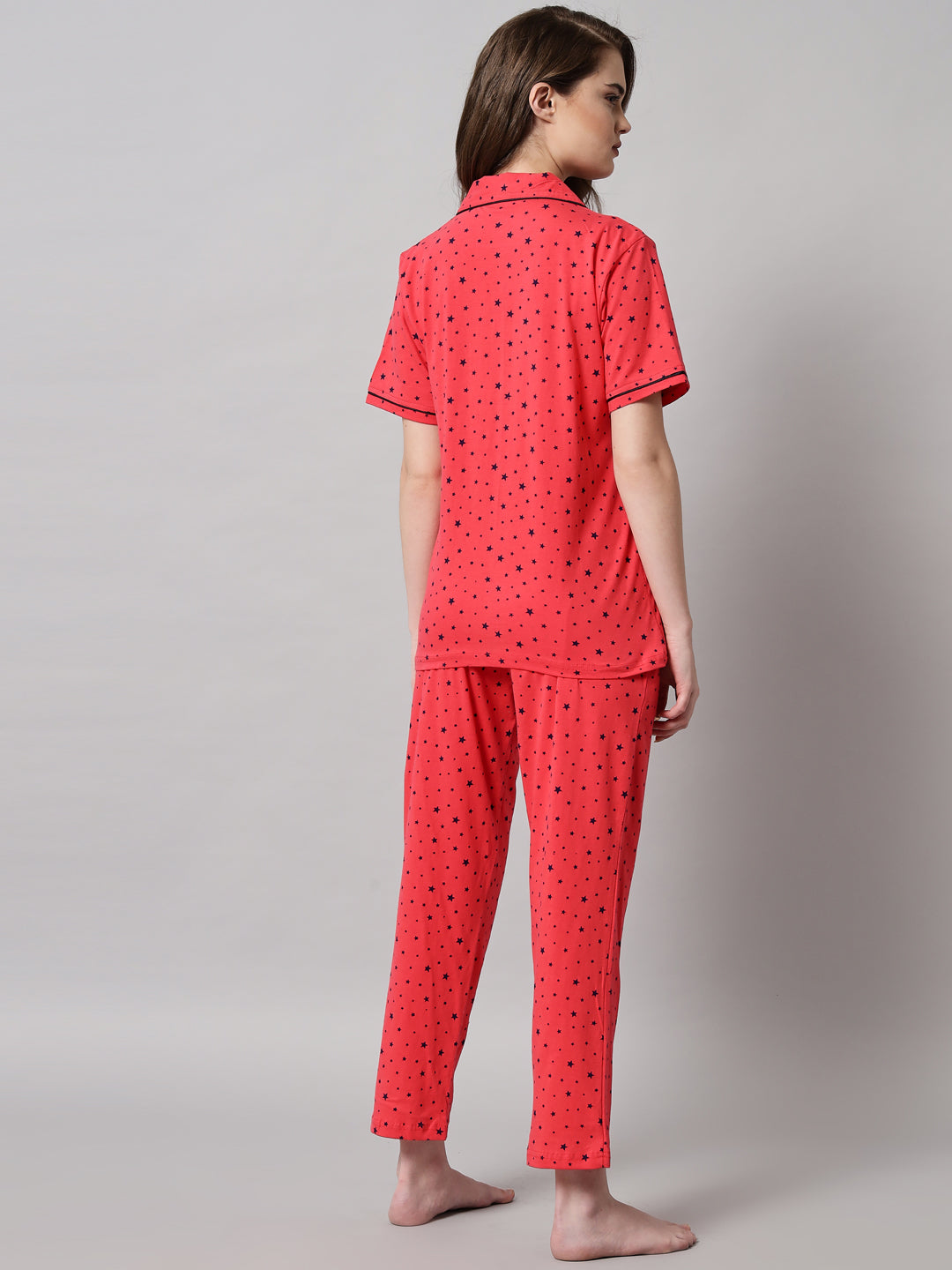 Red Printed Cotton Night Suit Set – Button-Down Top & Pajama Sleepwear
