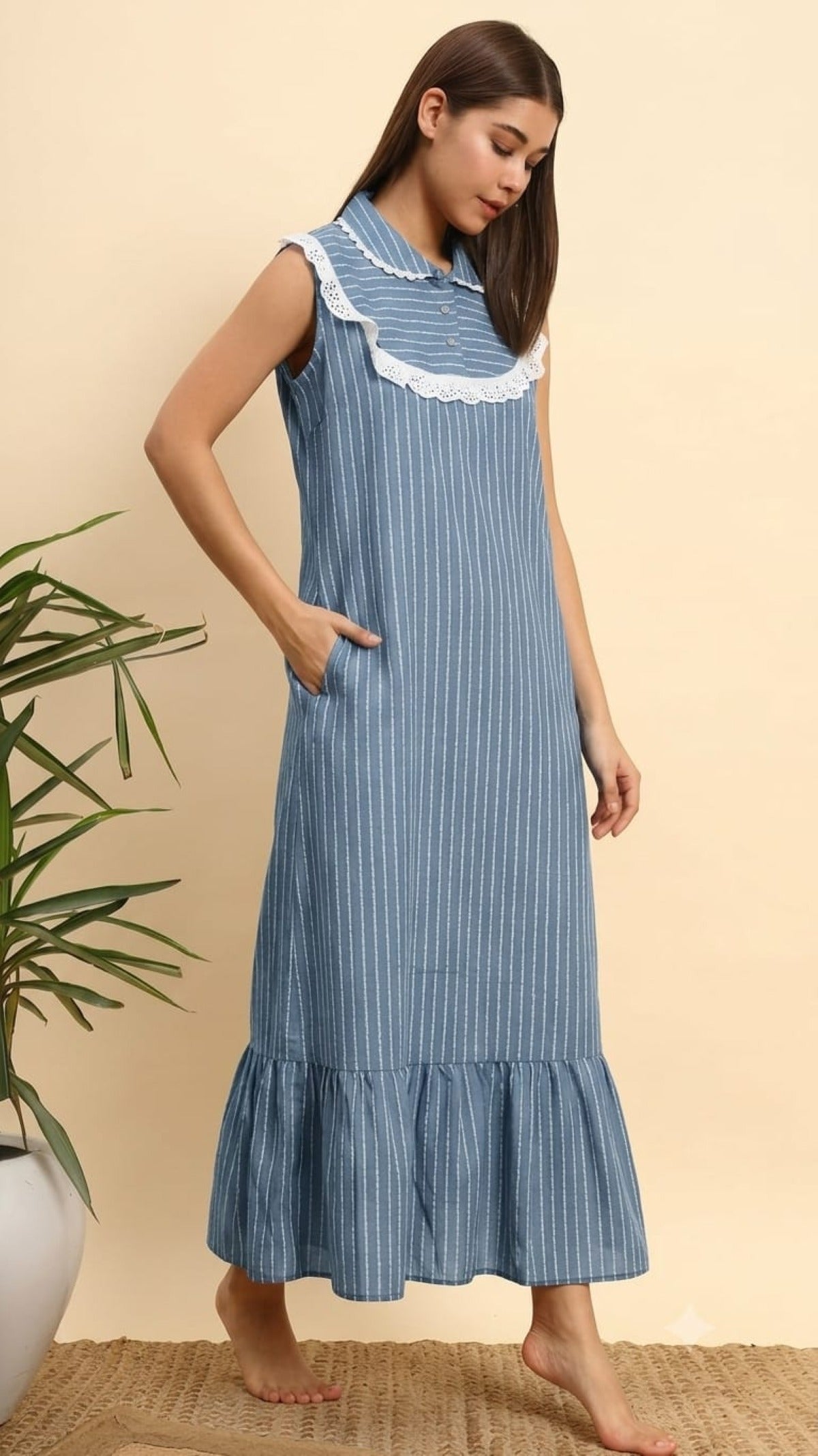 Sephani Women's Blue Striped Cotton Nightgown with Peter Pan Collar & Lace Trim | Sleeveless Maxi Nightdress