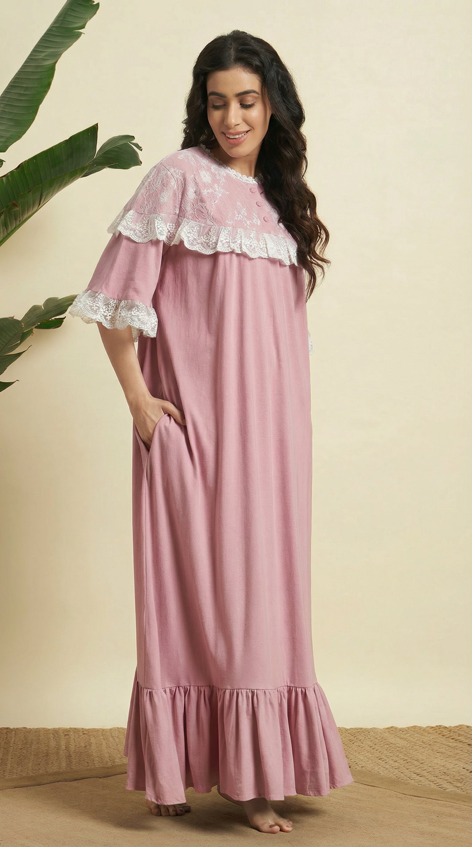 🌸 Dusty Rose Lace Detail Night Gown – Soft, Elegant & Comfortable