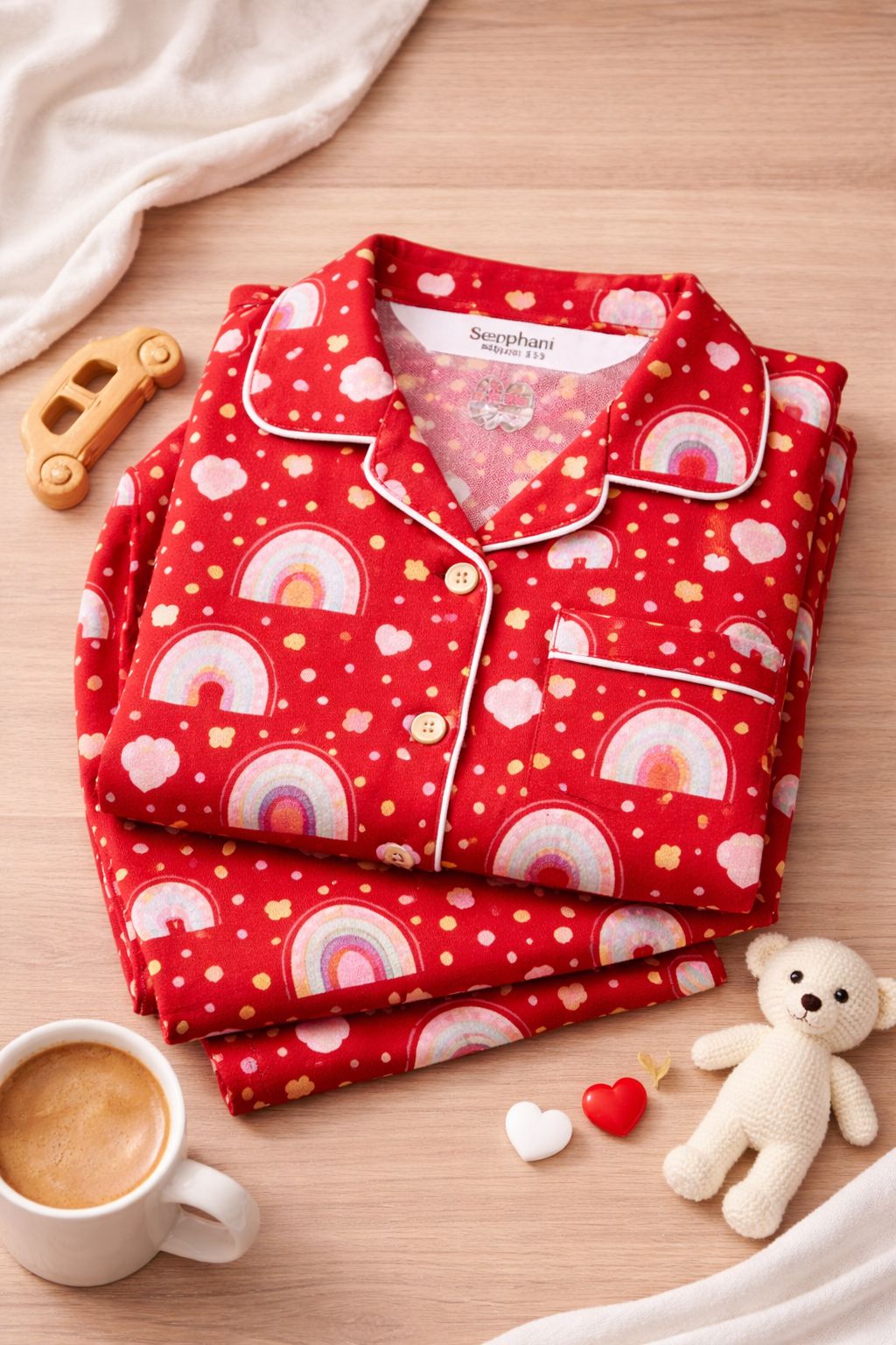 💕Kids Rainbow Print Night Suit Set | Cute Red Cotton Pajama Set for Girls| Soft & Comfortable Sleepwear