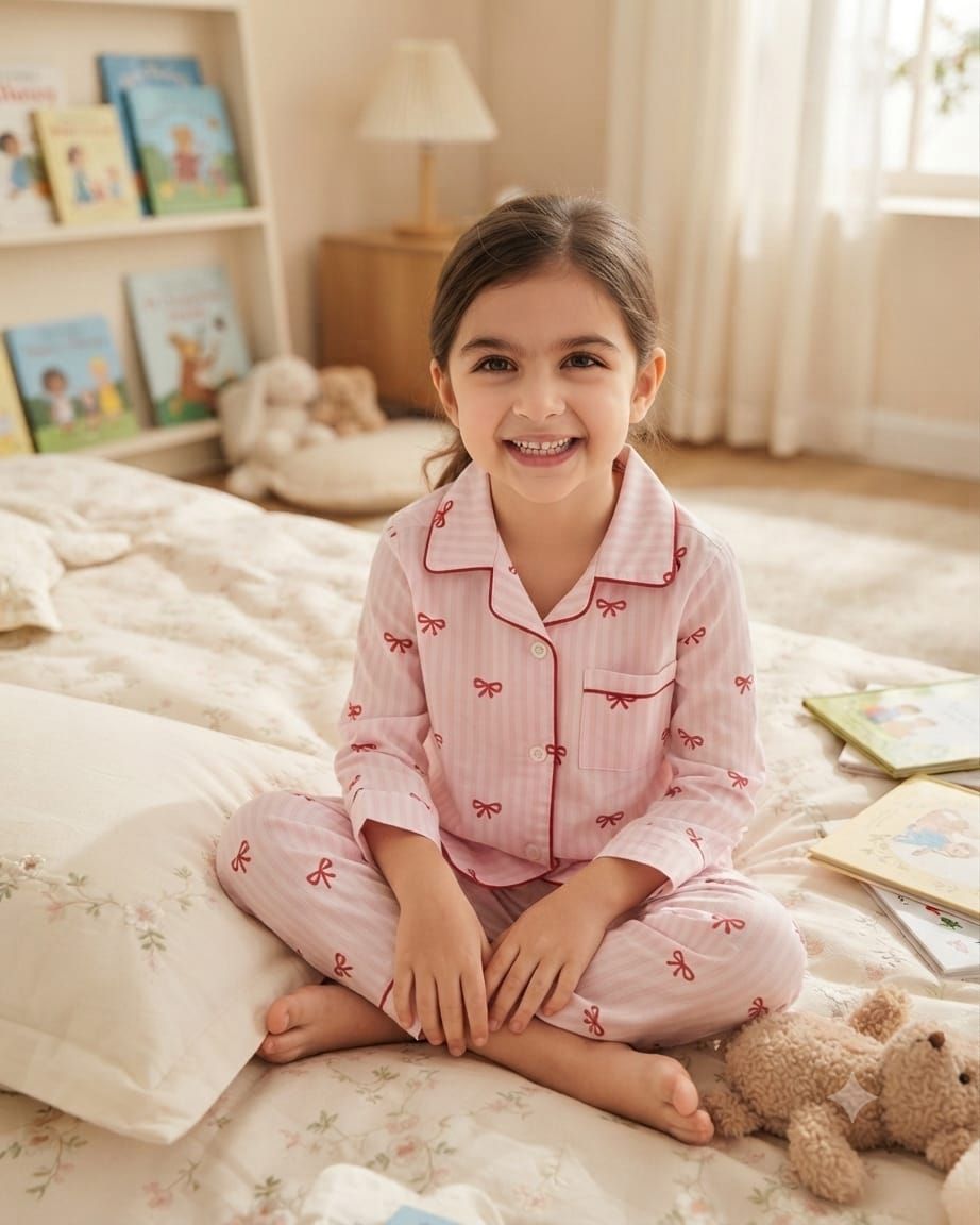 A young girl with brown hair sits cross-legged on a floral bedspread in a cozy bedroom, wearing a pink and white striped pajama set with red bow details. A plush teddy bear rests beside her, with books and a lamp visible in the softly lit background.