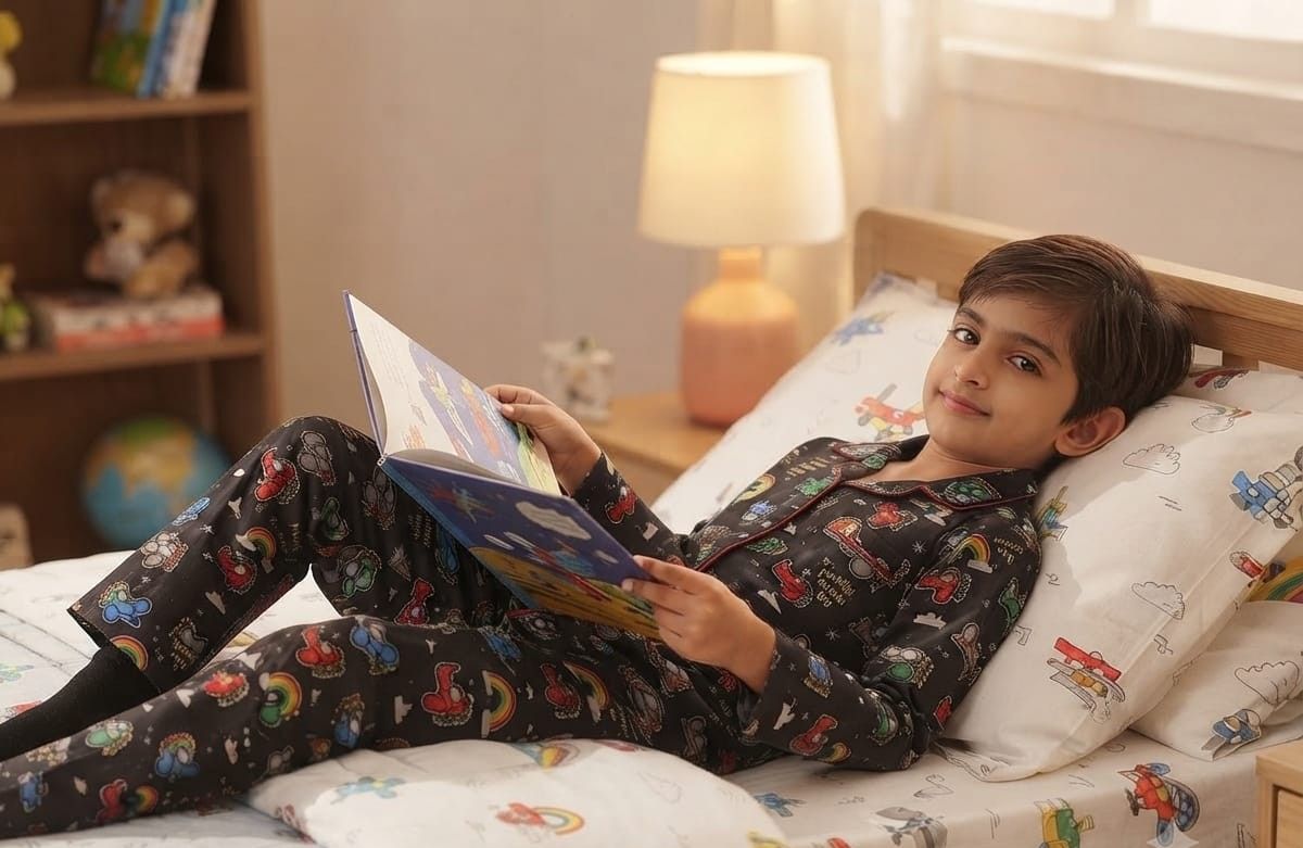 A young boy wearing a dark space-themed pajama set with colorful cartoon planets and stars lies on a bed reading a book. The room has a warm, cozy atmosphere with a lit bedside lamp, wooden shelf, and patterned bedding.