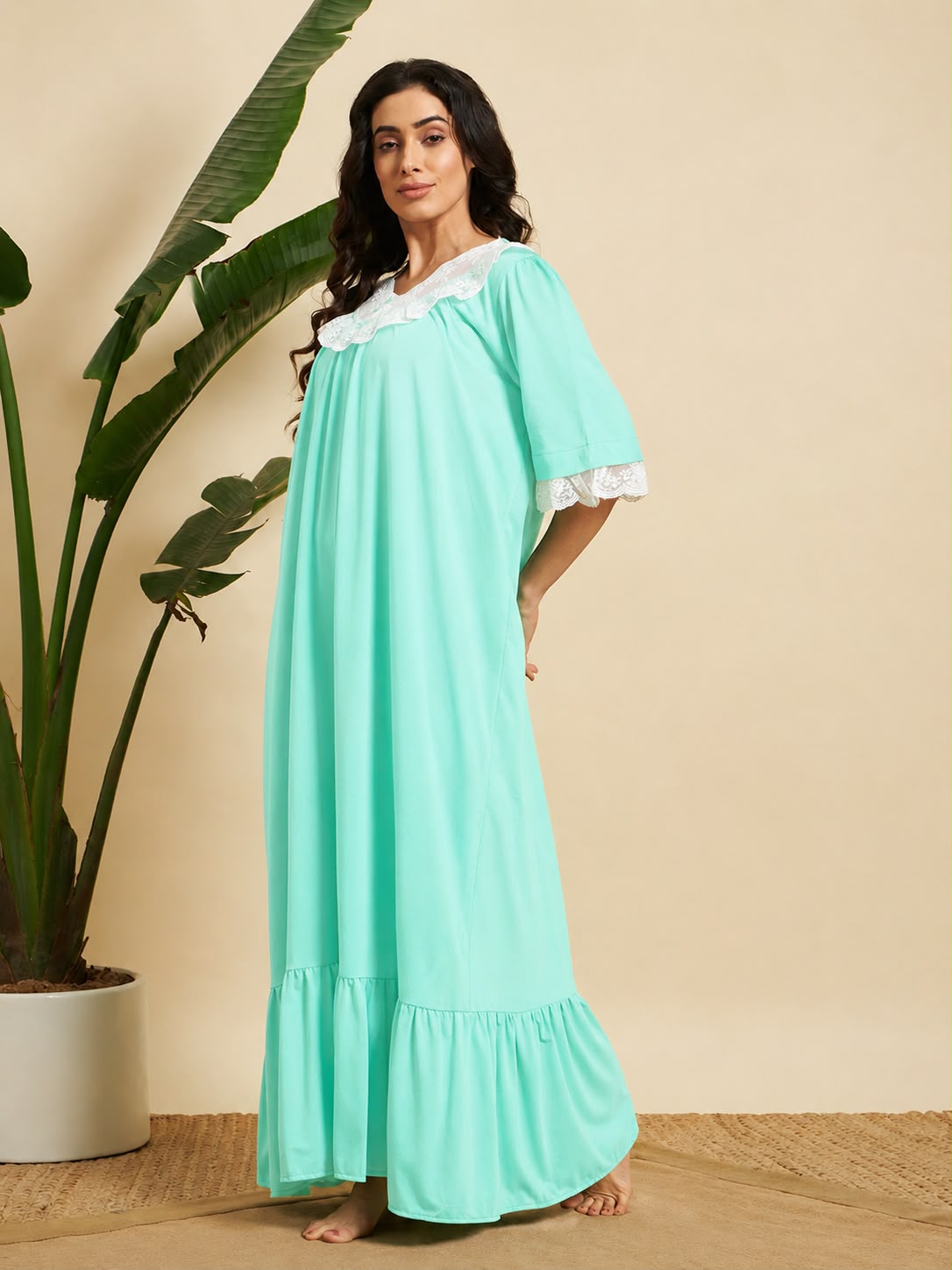 Women's mint green cotton nighty with floral lace detailing and ruffle hem