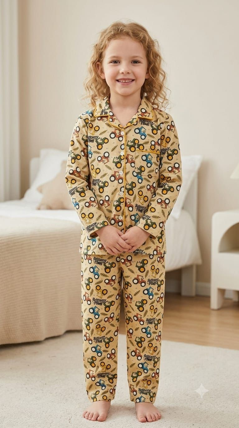 A young girl with curly blonde hair stands barefoot in a bedroom wearing a long-sleeve pajama set with a beige background and a colorful pattern of cartoon vehicles.