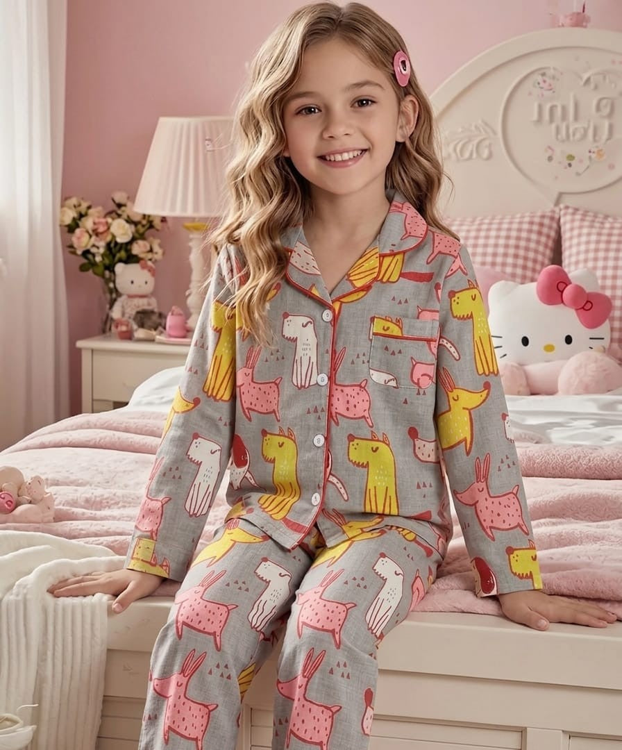 Kids Printed Night Suit Set Girls Cotton Nightwear Soft & Comfortable Sleepwear