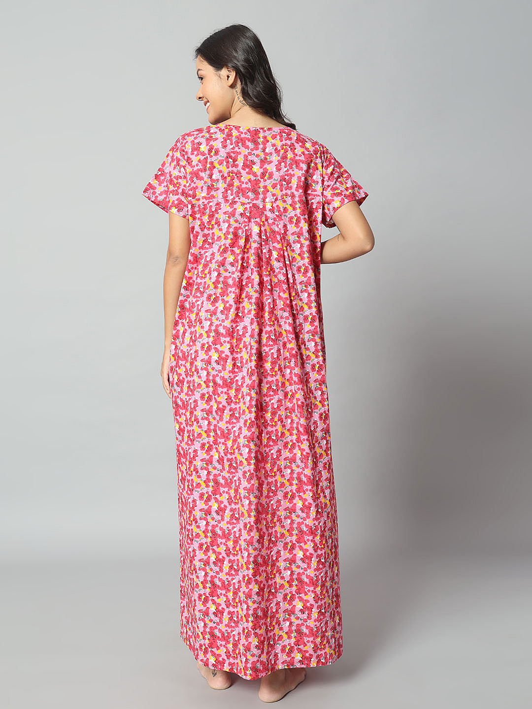 💚 Women Cotton Printed Nighty – Turquoise Floral Short Sleeve Night Gown (Copy)