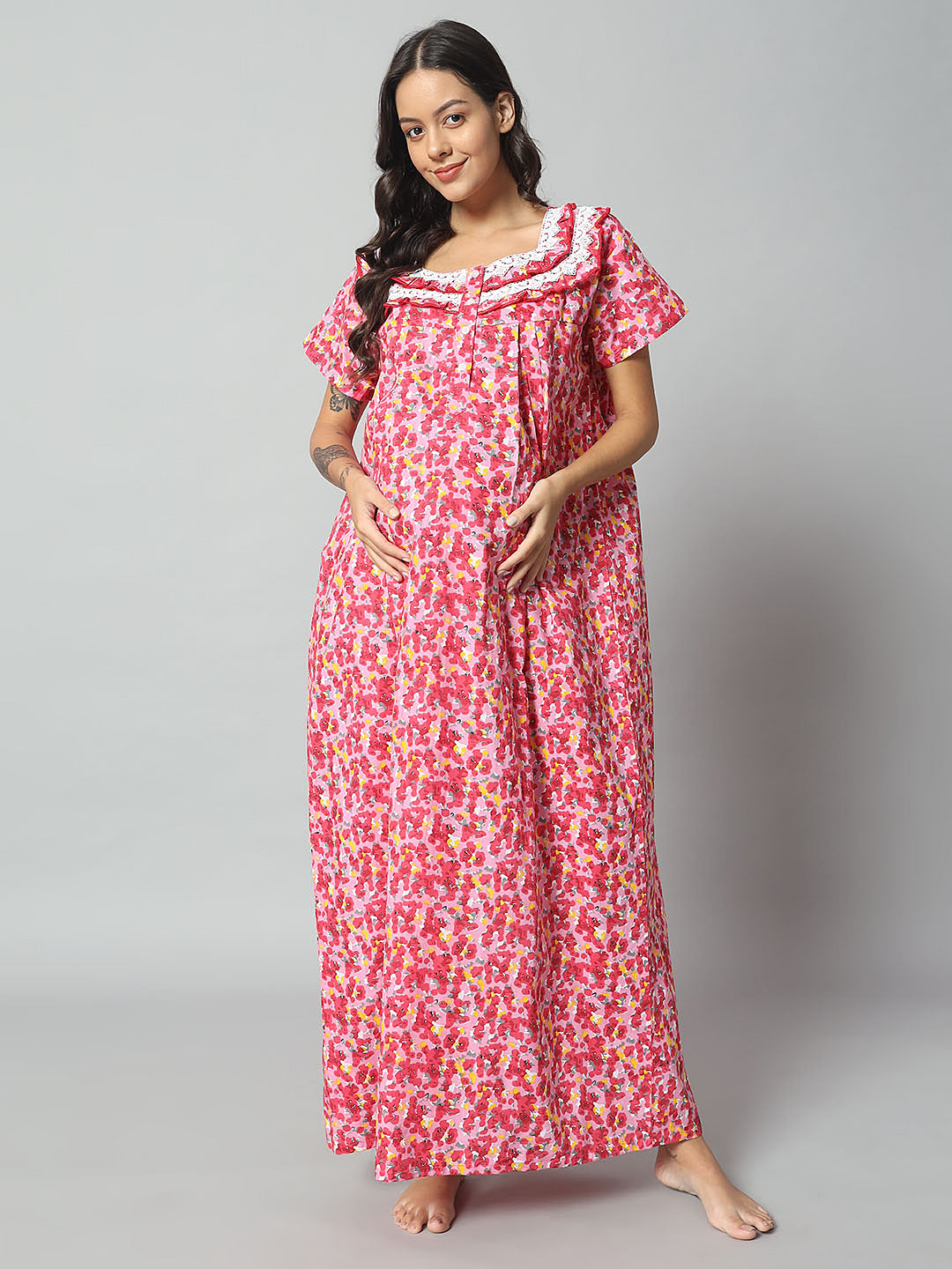 💚 Women Cotton Printed Nighty – Turquoise Floral Short Sleeve Night Gown (Copy)