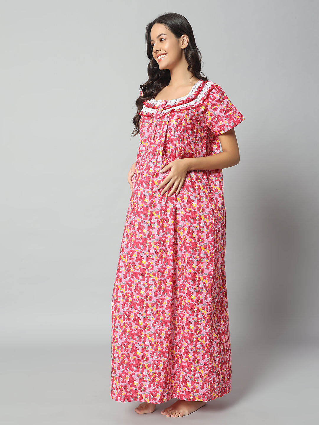 💚 Women Cotton Printed Nighty – Turquoise Floral Short Sleeve Night Gown (Copy)