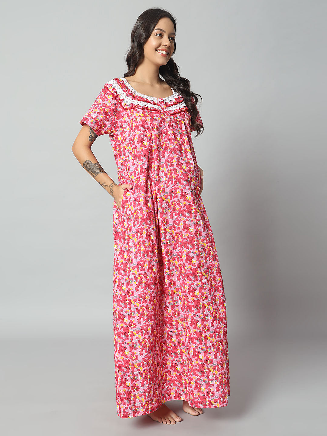 💚 Women Cotton Printed Nighty – Turquoise Floral Short Sleeve Night Gown (Copy)